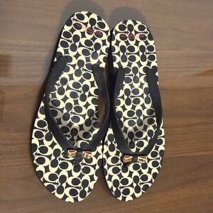 COACH - Black and Cream Women's Flip Flops - SIZE 9
